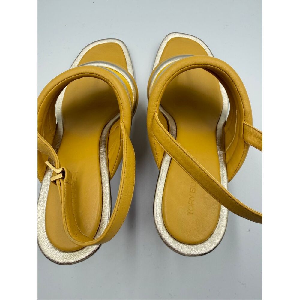 Tory Burch Yellow Metallic Puffy Leather Wedge Sandal Slingback Open Toe Size 9M - Picture 6 of 12